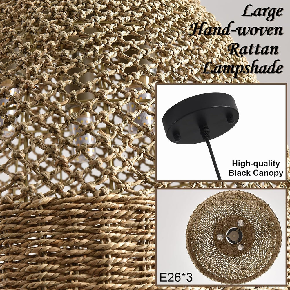 18.9in Woven Large Rattan Chandelier Wicker Pendant Light Fixture