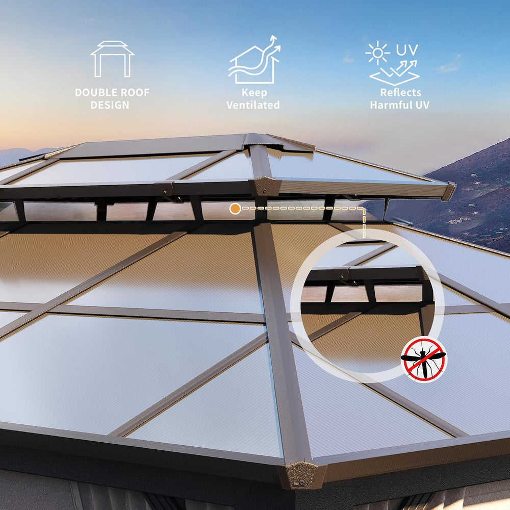 YOLENY 10x13 Gazebo with Double Polycarbonate Roof & Aluminum Frame