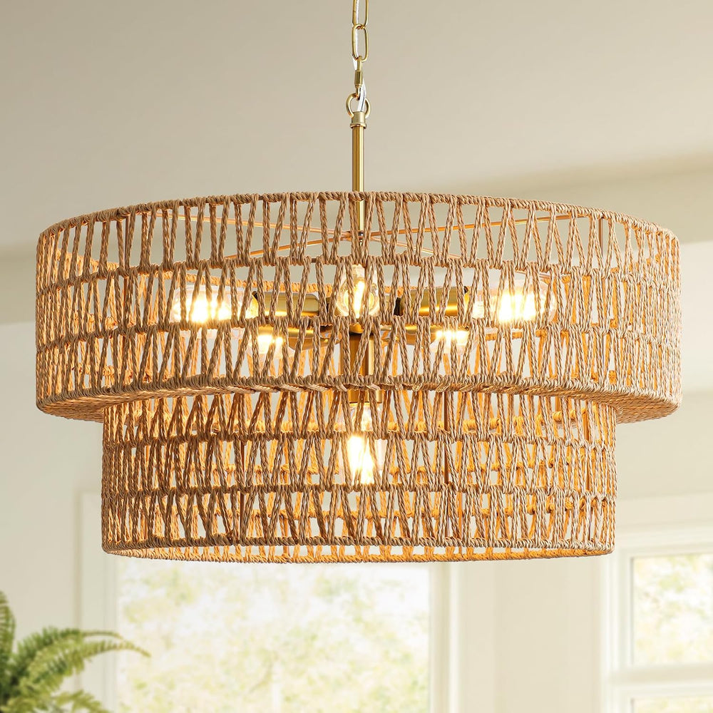 23.6" Boho Rattan Chandelier, 6-Light Large Rattan Pendant Light