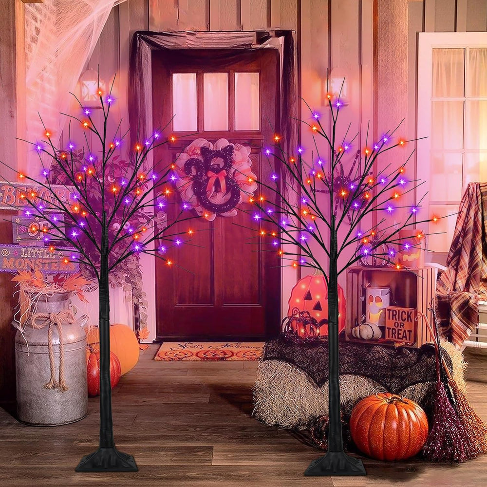 2 Pack 6FT Lighted Black Halloween Tree with 288 LED Orange & Purple Lights