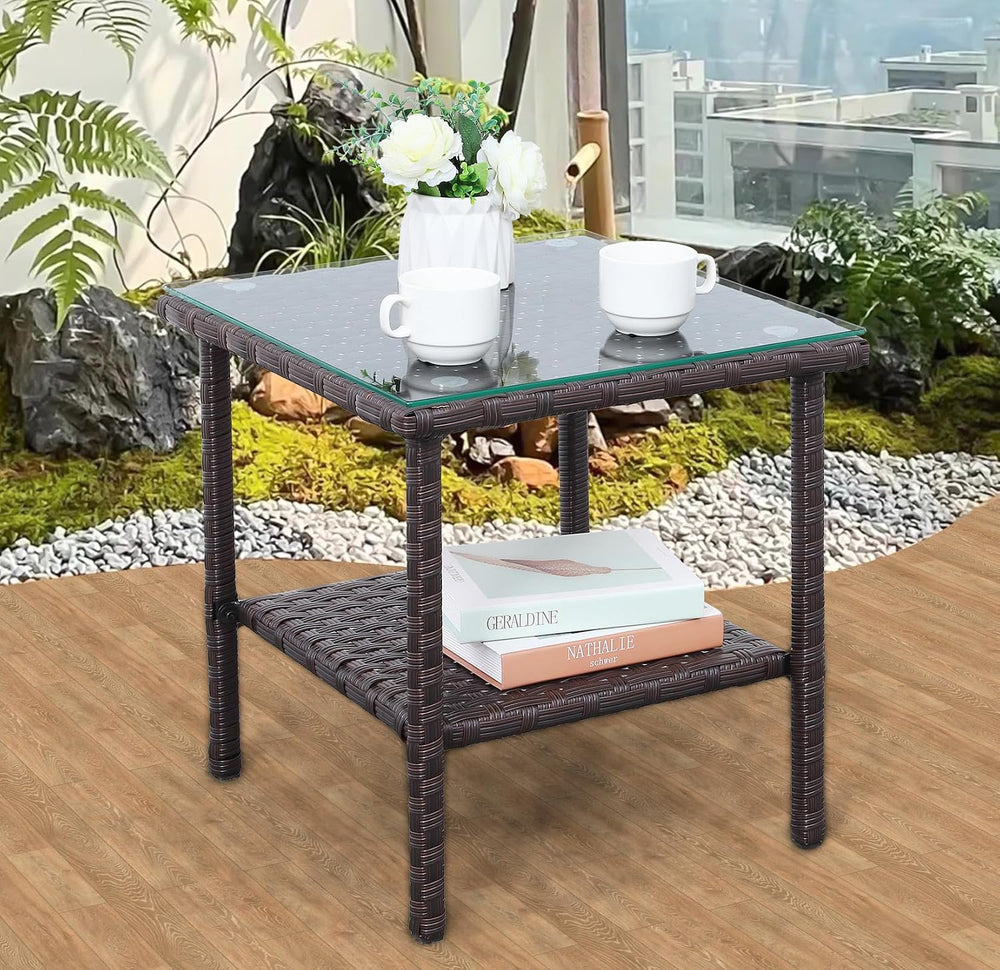 Outdoor Wicker Glass Top Side Table - Patio Balcony Deck Pool Square End Tabl...