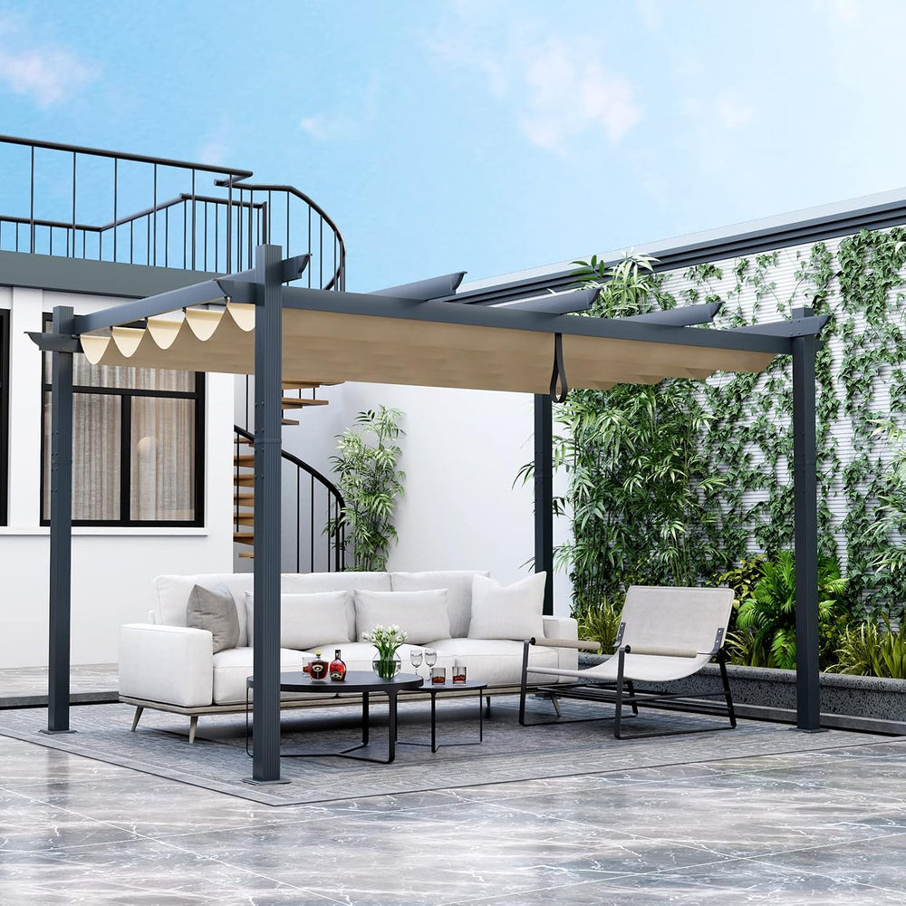 Tangkula 10x13 Ft Outdoor Pergola with Retractable Sun Shade Canopy, Beige