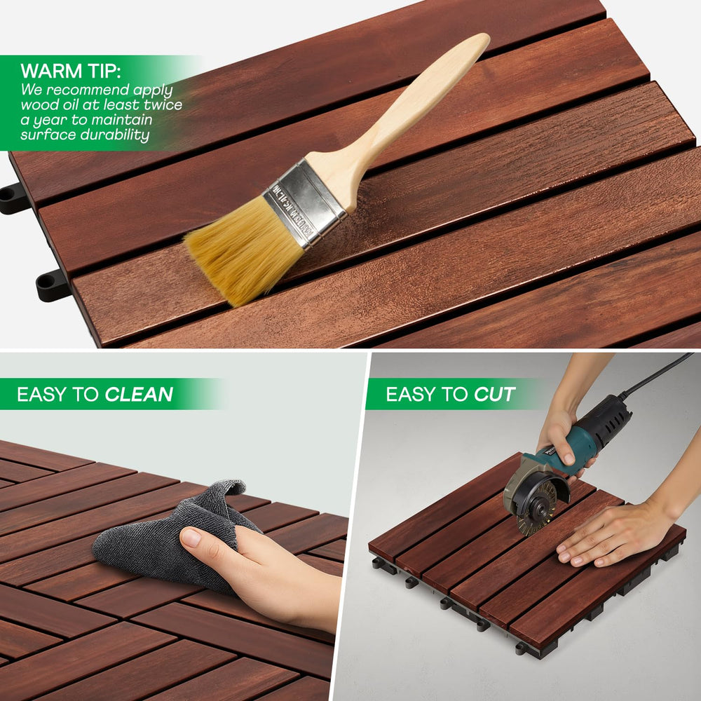 IDZO Interlocking Acacia Deck Tiles 9.6 SQFT, 10PCS, Red Brown, Stripe