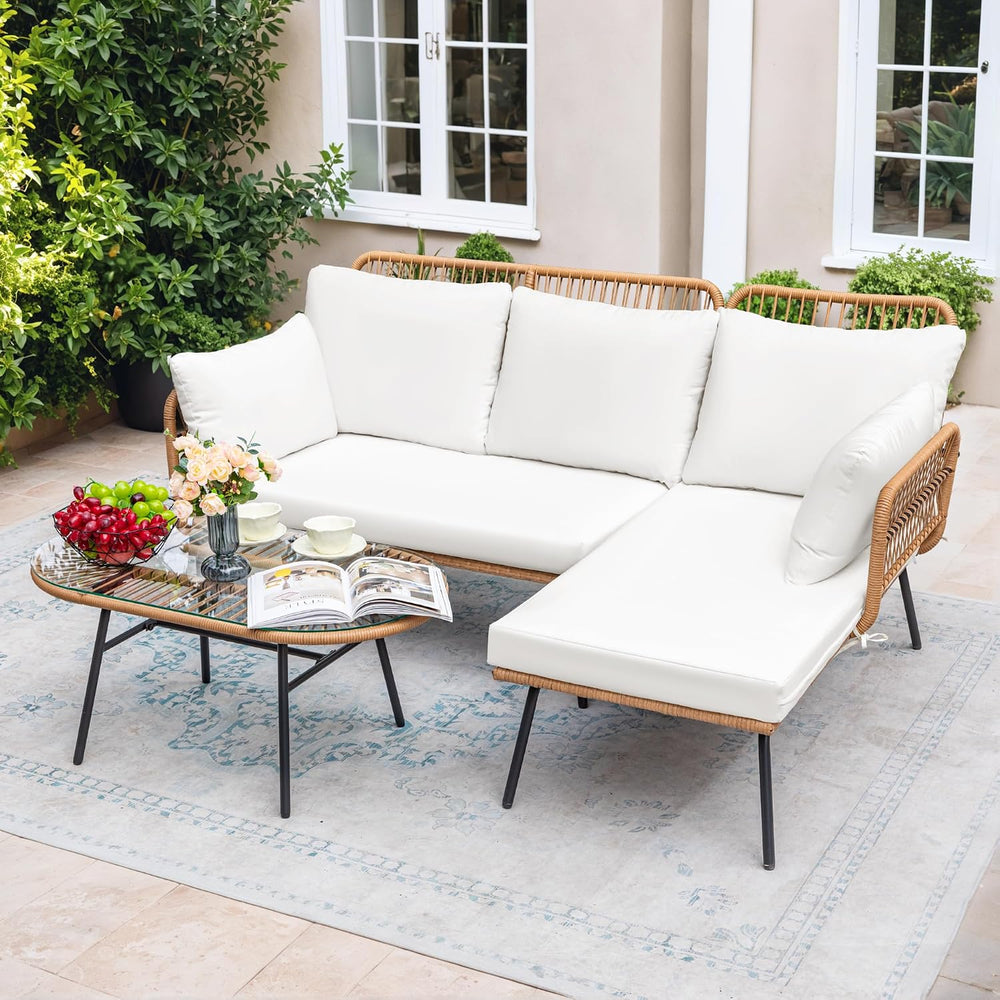 Greesum Outdoor Rope Woven Patio Furniture L-Shaped Conversation Sectional So...