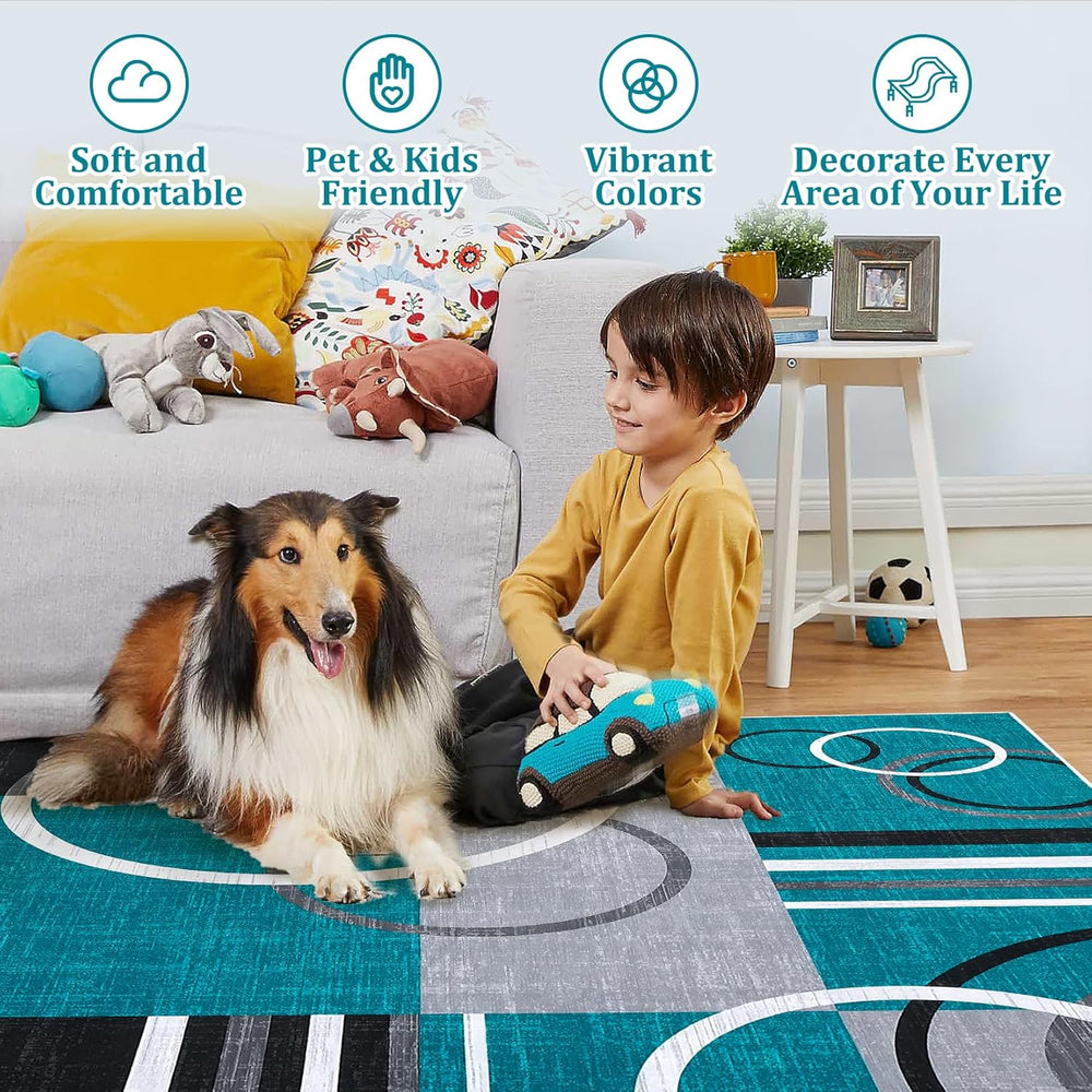 RUGSREAL 9x12 Washable Rugs Abstract Circles Rug Low Pile Throw Carpet