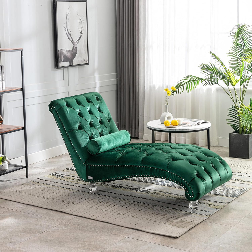 Chaise Lounge Chair Indoor Emerald Velvet Upholstered Button Tufted Chaise Lo...