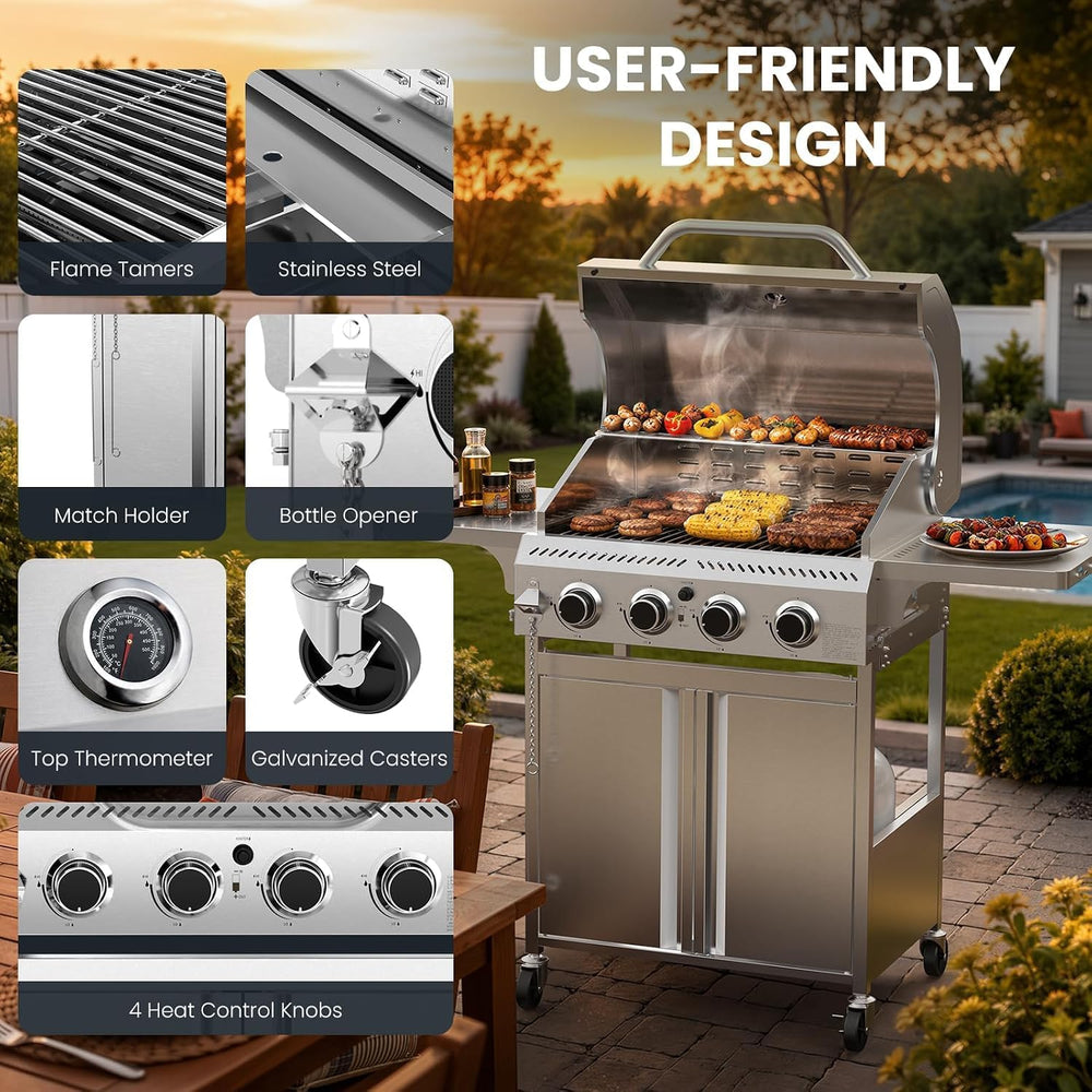 Electactic 4-Burner Propane Gas Grill, 34000 BTU Stainless Steel BBQ Grill