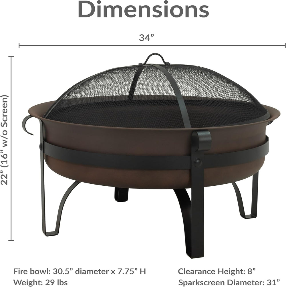 Sunnydaze Round Patio Fire Pit for Outside Wood Burning, Dark Bronze, 34"