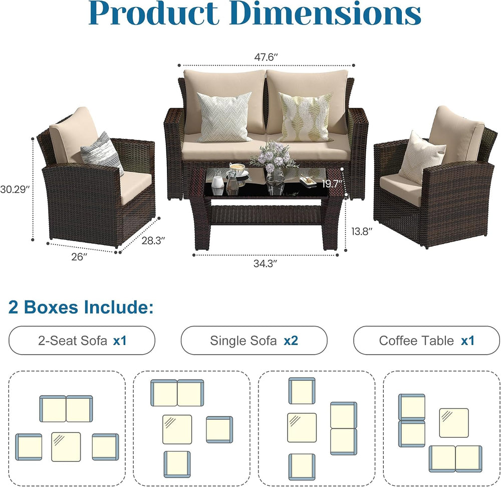 Solaste 4 Piece Patio Outdoor Furniture Sets,Patio Conversation Sofa Wicker C...