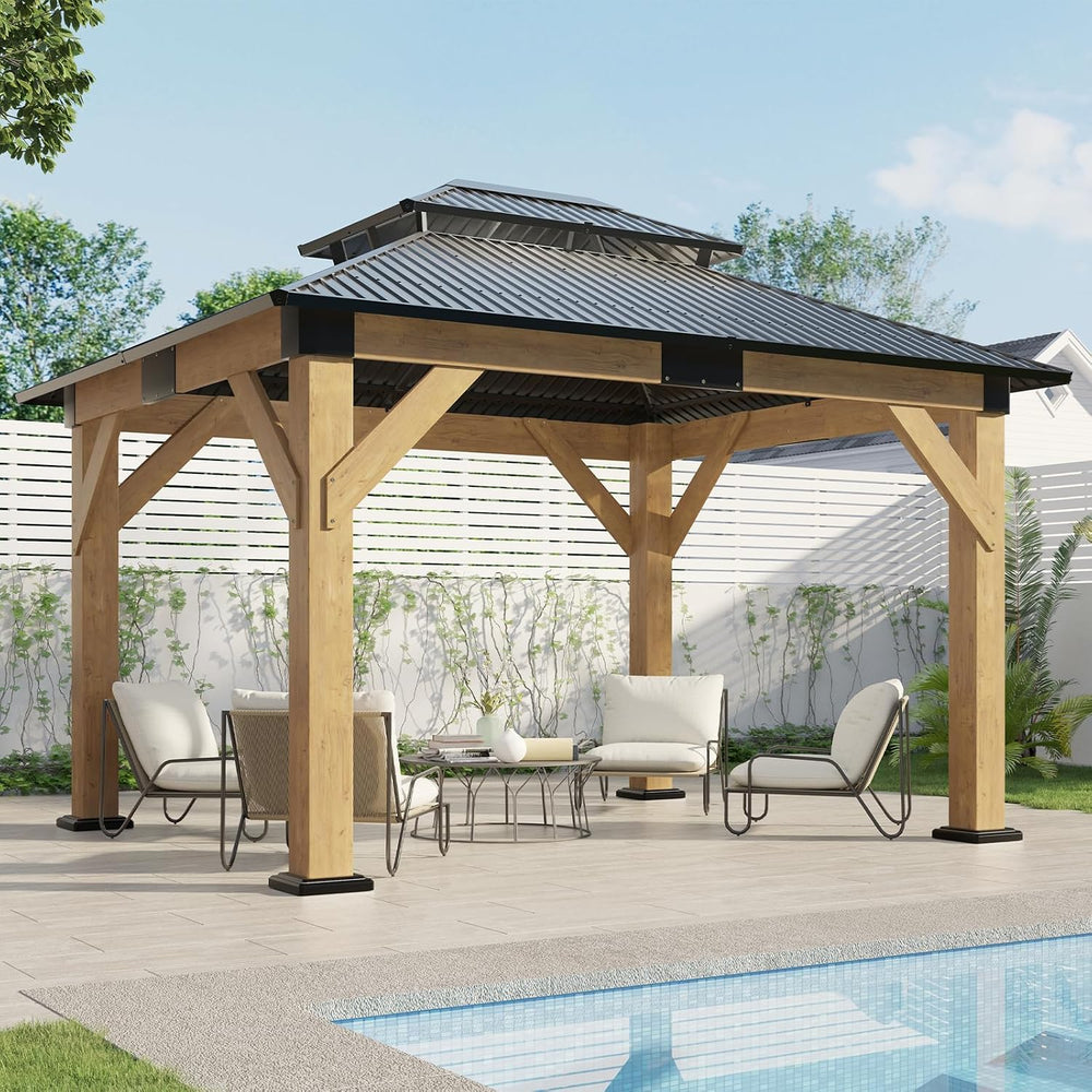 AMERLIFE 10x12 Wood Gazebo, Hardtop Gazebo with Spruce Frame and Double Metal...