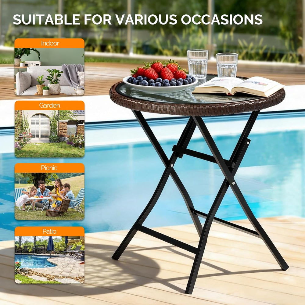 VINGLI 23.6in Modern Brown Rattan Folding Glass Outdoor Side Table, Small Pat...