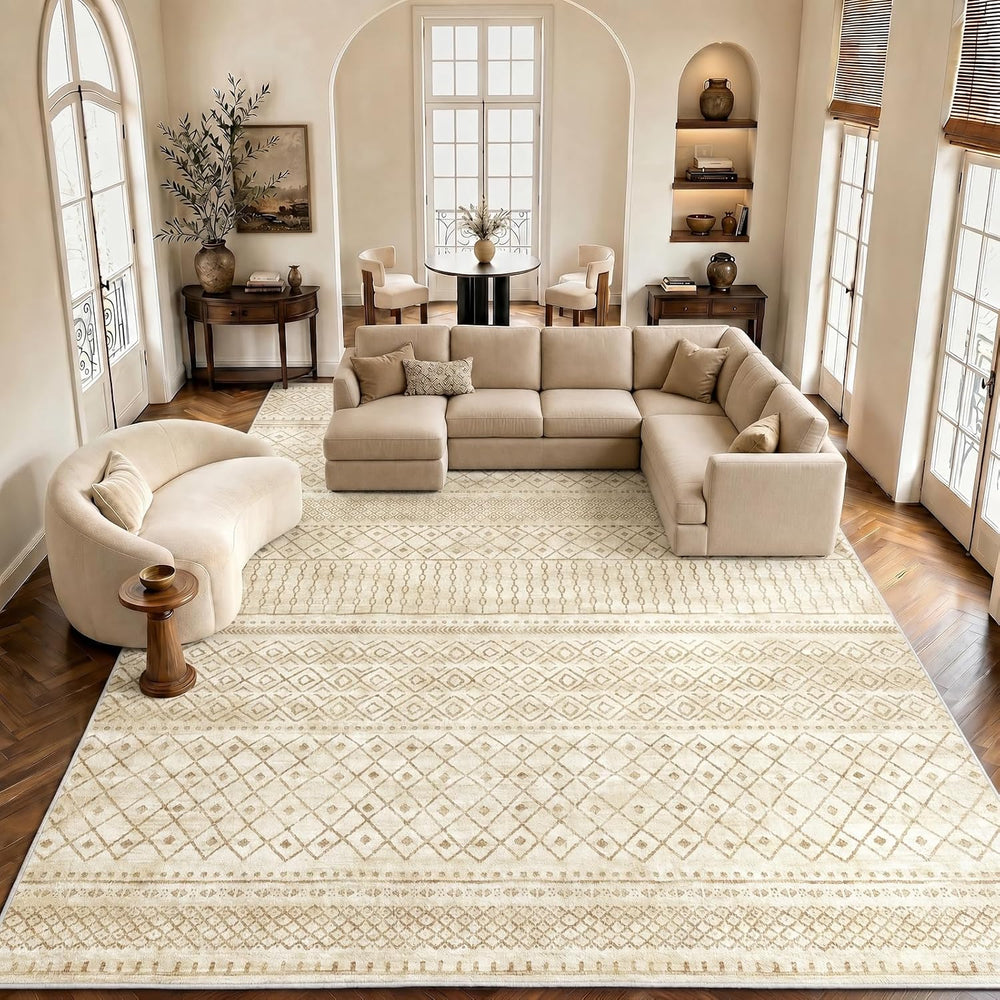 Amada Homefurnishing 9x12 Washable Area Rugs, Beige Boho Geometric Low-Pile R...