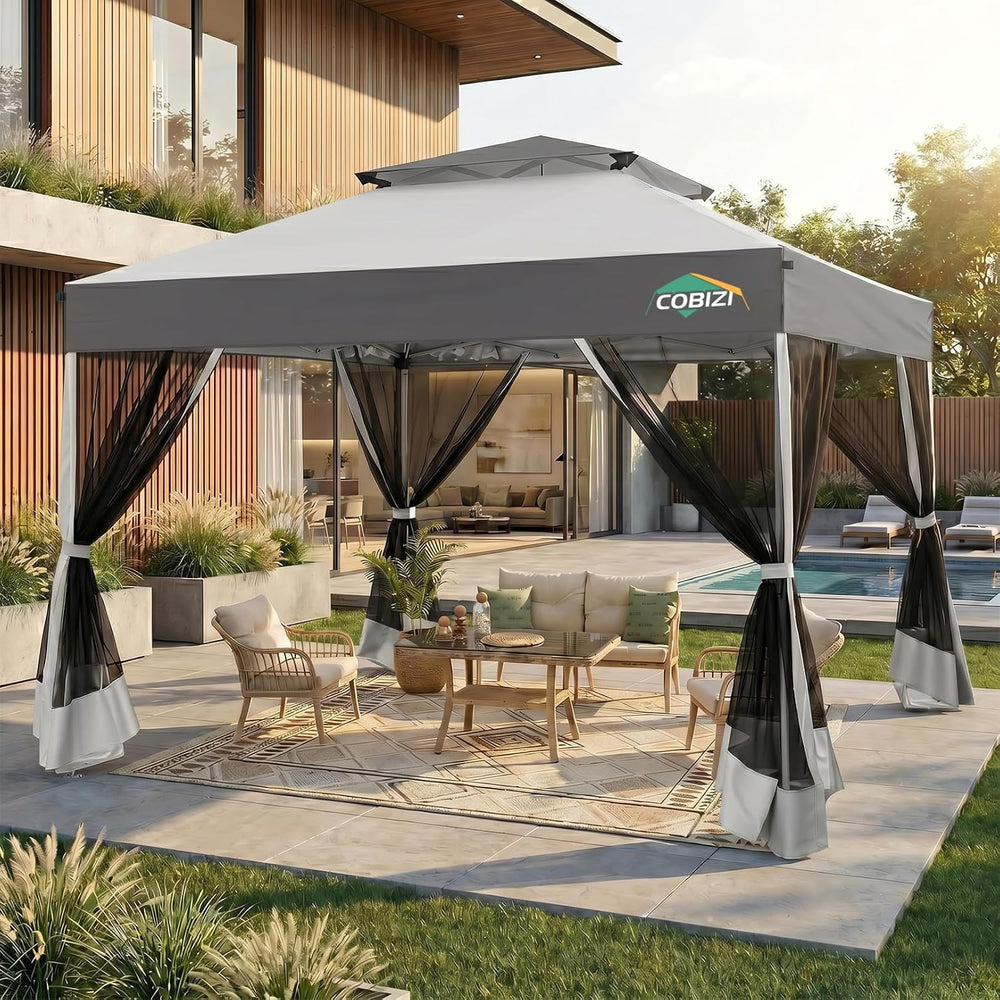 COBIZI 10x10 Pop Up Gazebo with Mosquito Netting,Double Roof,Dark Gray&Gray