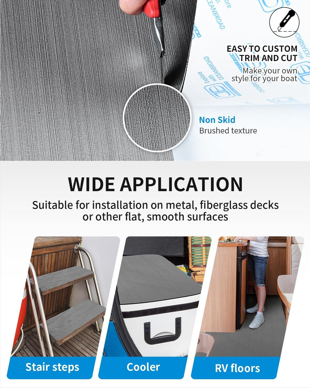 OCEANBROAD Brushed Boat Flooring Self-Adhesive EVA Foam Non-Slip Decking