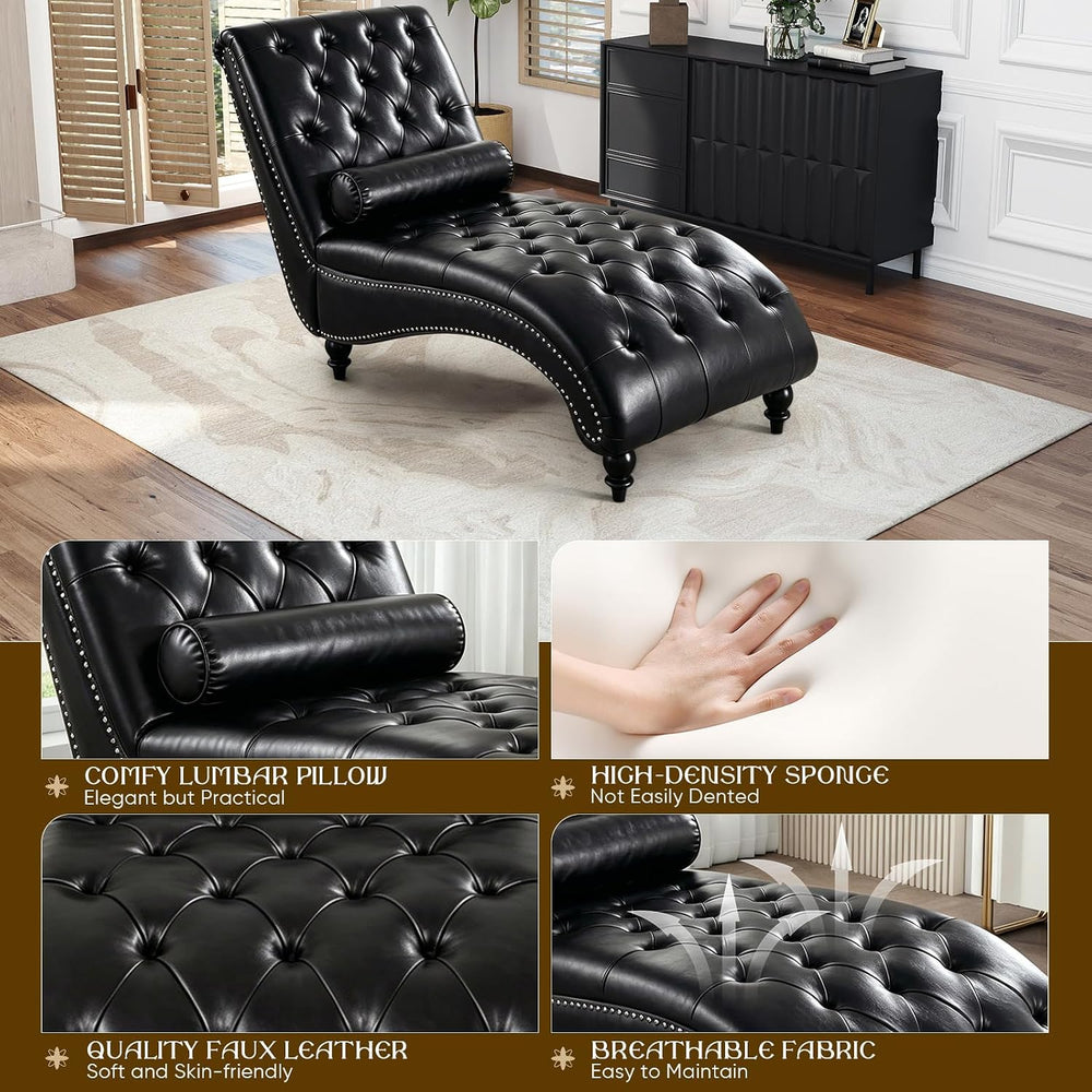 Faux Leather Chaise Lounge Indoor with Toss Pillow, Modern Chaise Lounge Chai...