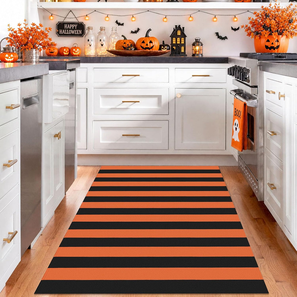 IOHOUZE Fall Striped Outdoor Rug 4x6, Washable Porch, Orange Black