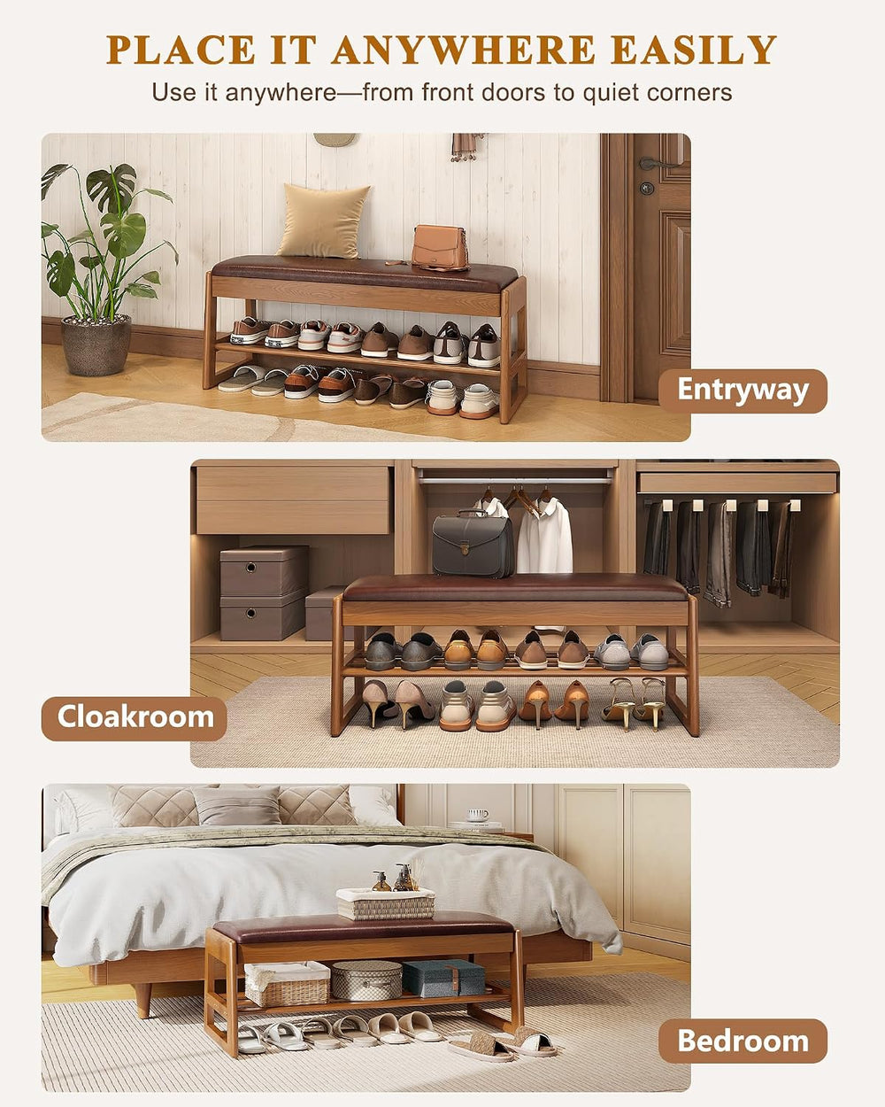 Shoe Rack Bench with Hidden Storage, 2-Tier Solid Rubberwood Entryway Bench w...