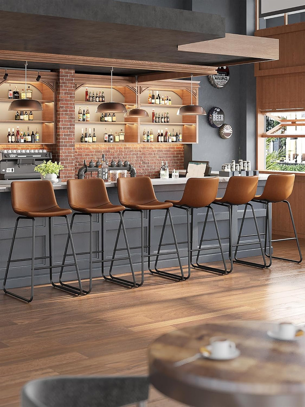26in Bar Stools Counter Height Chairs Set of 3 Metal Legs (Dark Brown)