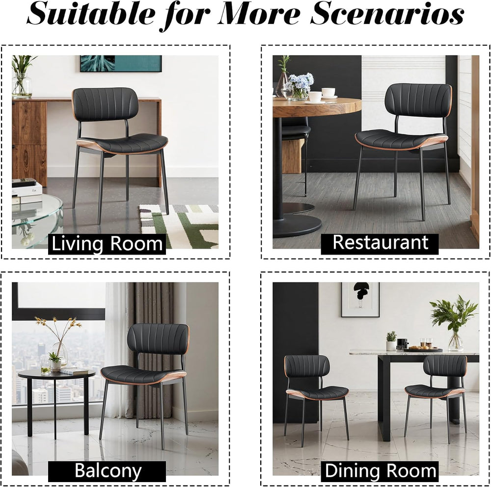PU Leather Dining Chairs Set of 2 with Walnut Bentwood, Black