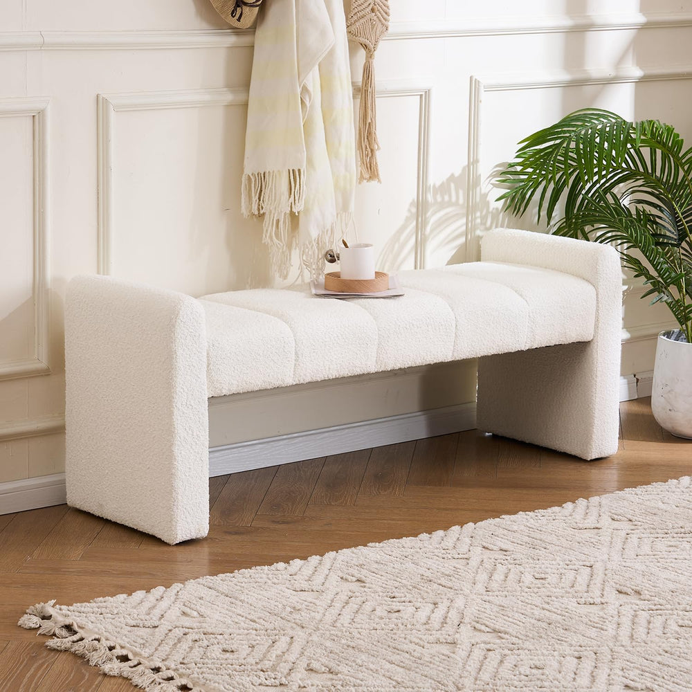 54" Boucle Bench for Bedroom Window End of Bed, Ivory White