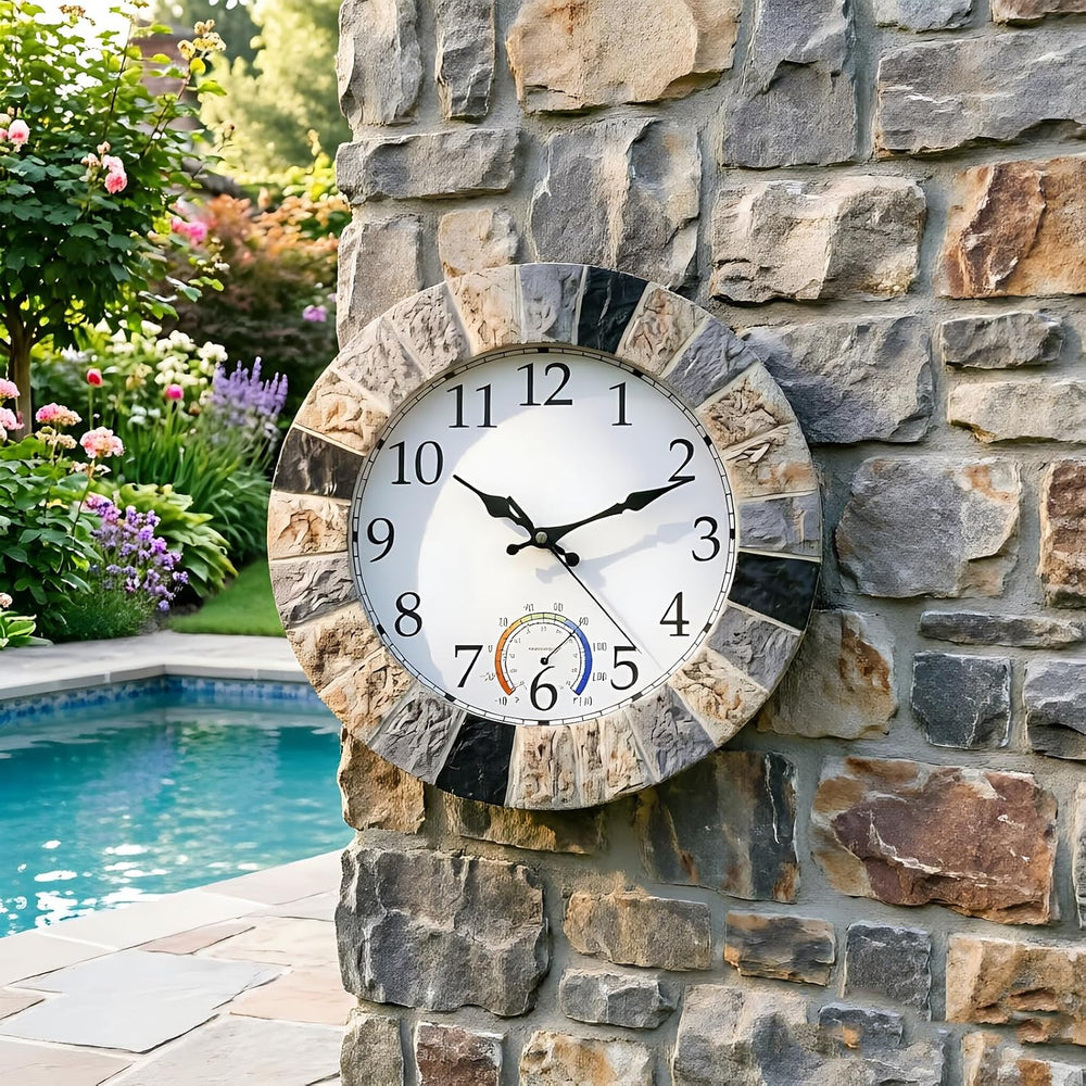 Outdoor Clock Waterproof with Thermometer, 13 Inch Silent Rustic Resin Wall C...
