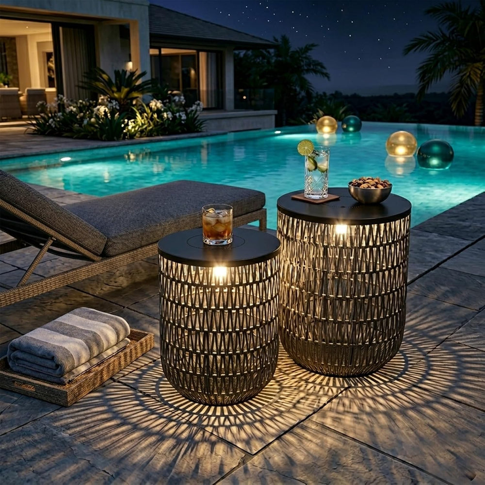 HMVPL Solar Patio Side Table Set of 2 with Dimmable Light, Round Outdoor Side...