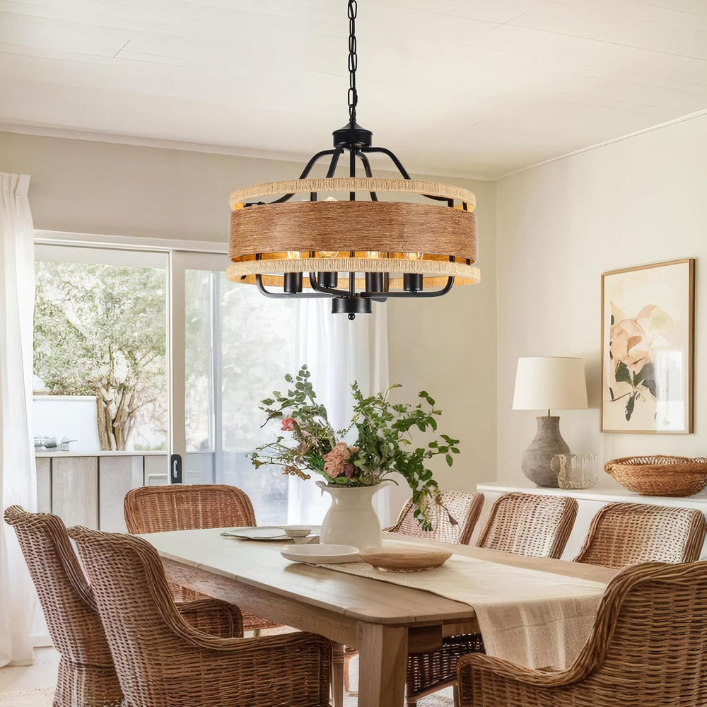 4-Light Farmhouse Chandelier 20" Wood Texture Woven Rattan Chandeliers