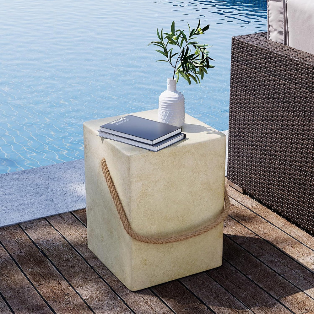 SUNBURY Outdoor Side Table, 18" H Concrete End Table for Patio w Hemp Rope