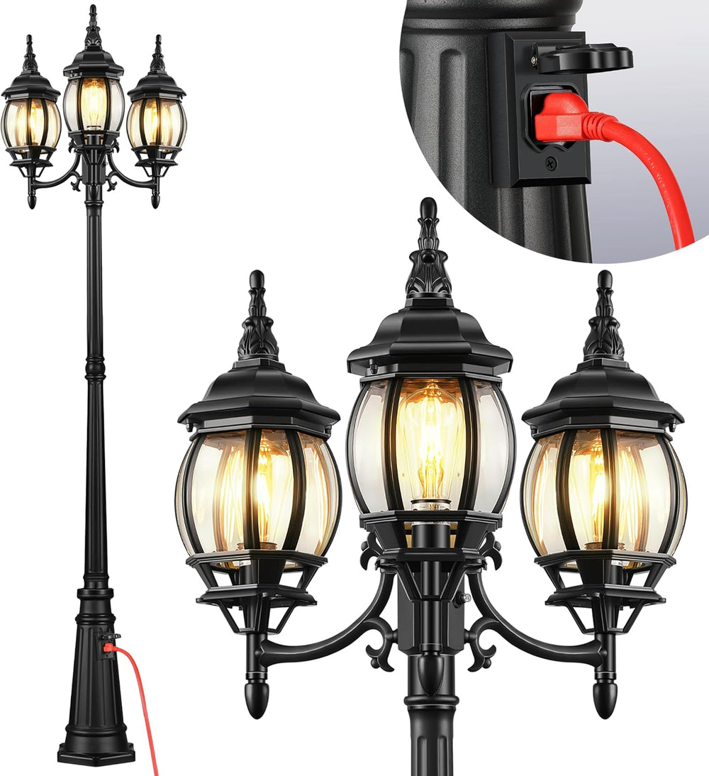 VIANIS 3-Head Dusk to Dawn Outdoor Lamp Post Light with Outlet, Anti-Rust
