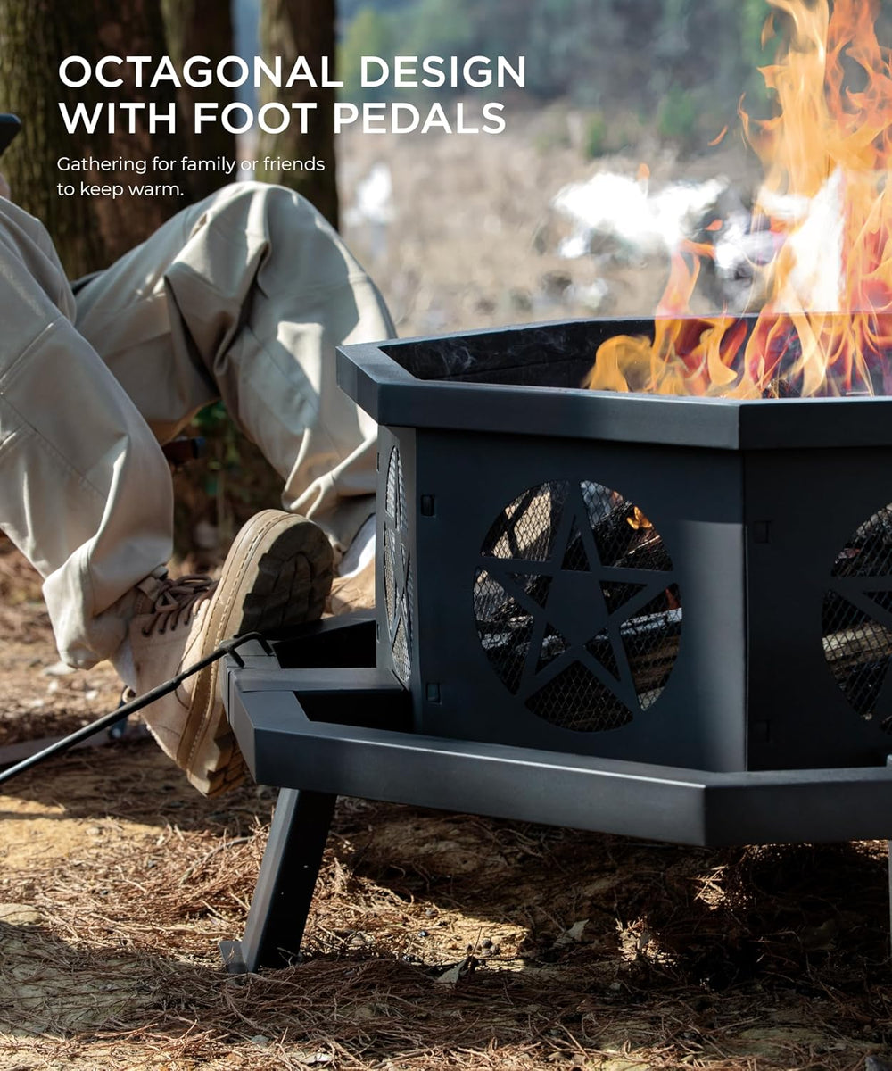 SUNOUTLY 35 inch Fire Pit, Outdoor Fire Pit Wood Burning Fire Pits with Cooki...