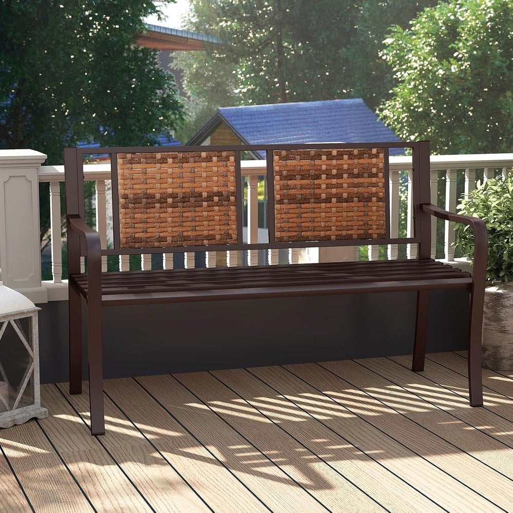 Giantex Outdoor Bench with PE Rattan Backrest, Curved Armrests, Slatted Seat ...