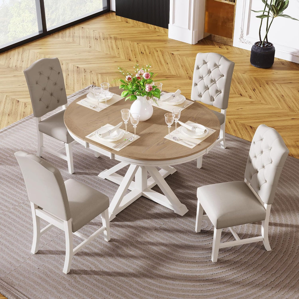 Bellemave Extendable Dining Table Set, 5-Piece Round Table Set with 4 Upholst...