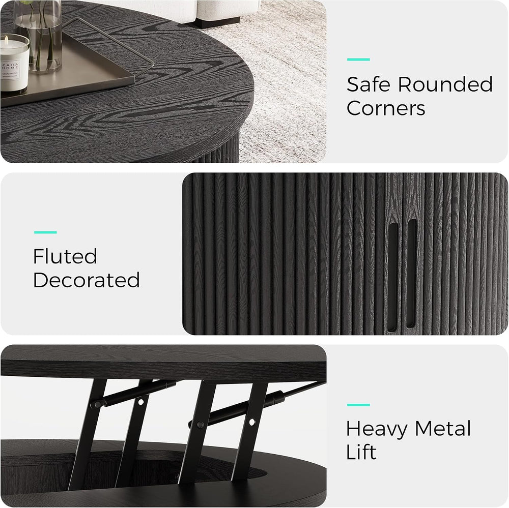 LINSY Lift Top Coffee Table, Round Fluted Coffee Table with Storage, Mid Cent...