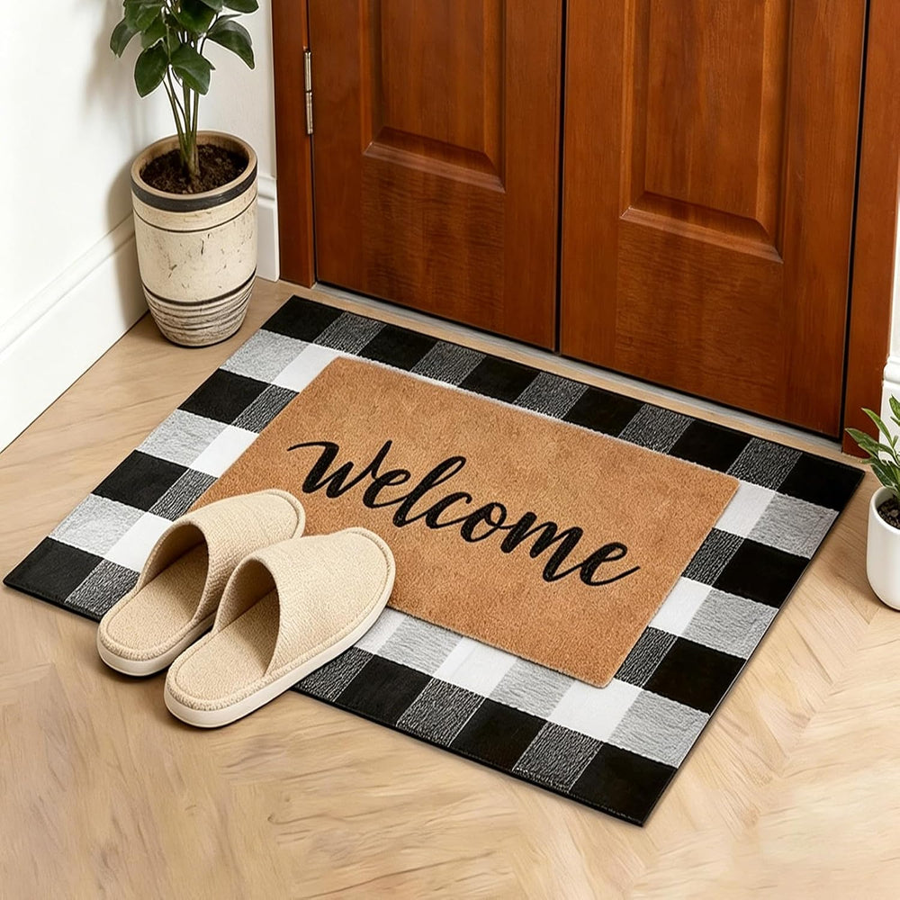 2-Piece Front Door Mat Set, Coir Welcome Mat & Black White Plaid Mat