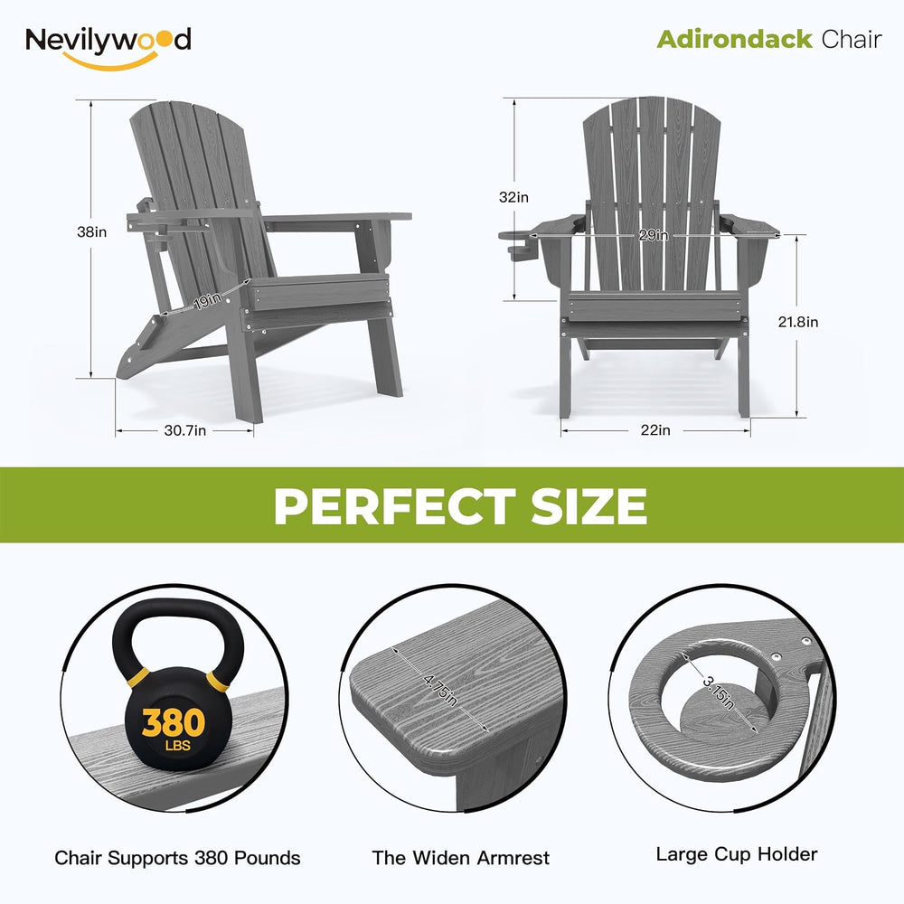 nevilywood Folding Adirondack Chairs Set of 2, HDPE Cup Holders, Grey