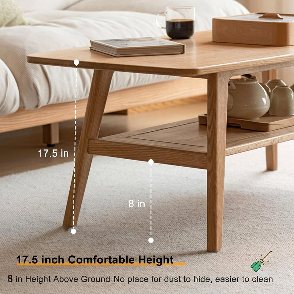 Modern Solid Oak Wood Coffee Table, 2-Tier Small Wooden Coffee Table with Sto...