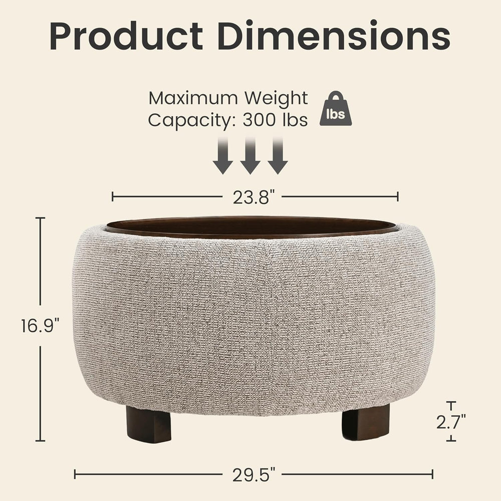 VKNOW 30 Inch Fabric Round Storage Ottoman with Wood Lift-Off Lid, Brown