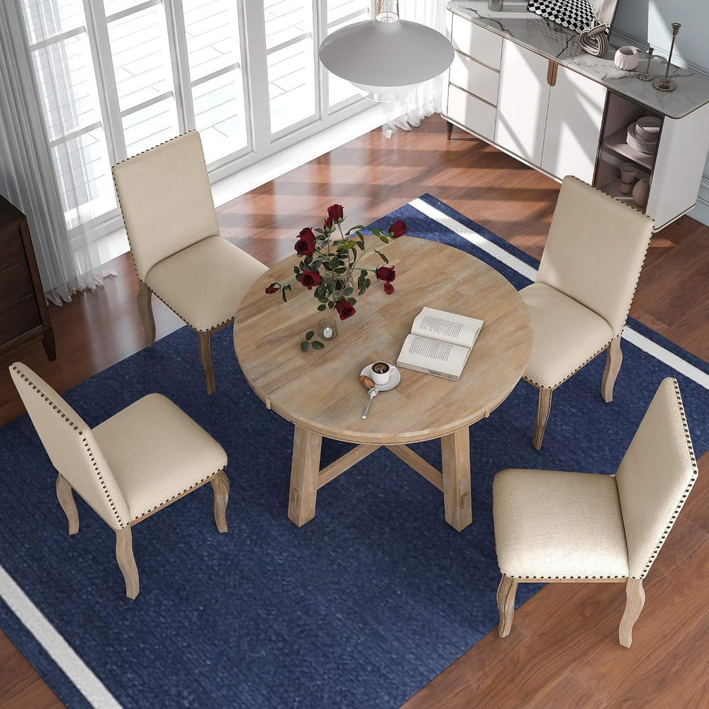 P PURLOVE 5-Piece Round Dining Table Set, Wood Farmhouse Round Extendable Din...