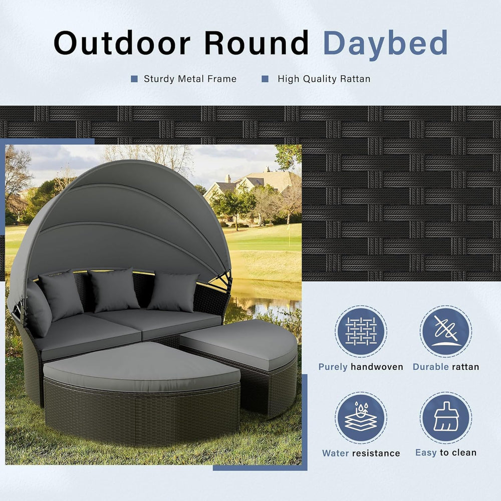 Patio Round Daybed with Canopy, Outdoor Wicker Rattan Sectional Sofa Set with...