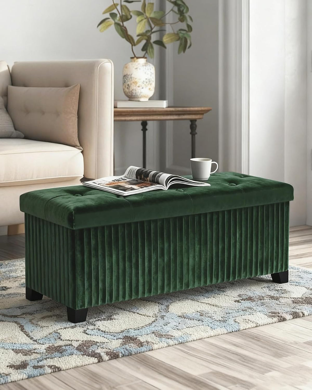 LITZFUR 43 Inches Storage Ottoman Bench, Velvet Foot Rest Stool, Green
