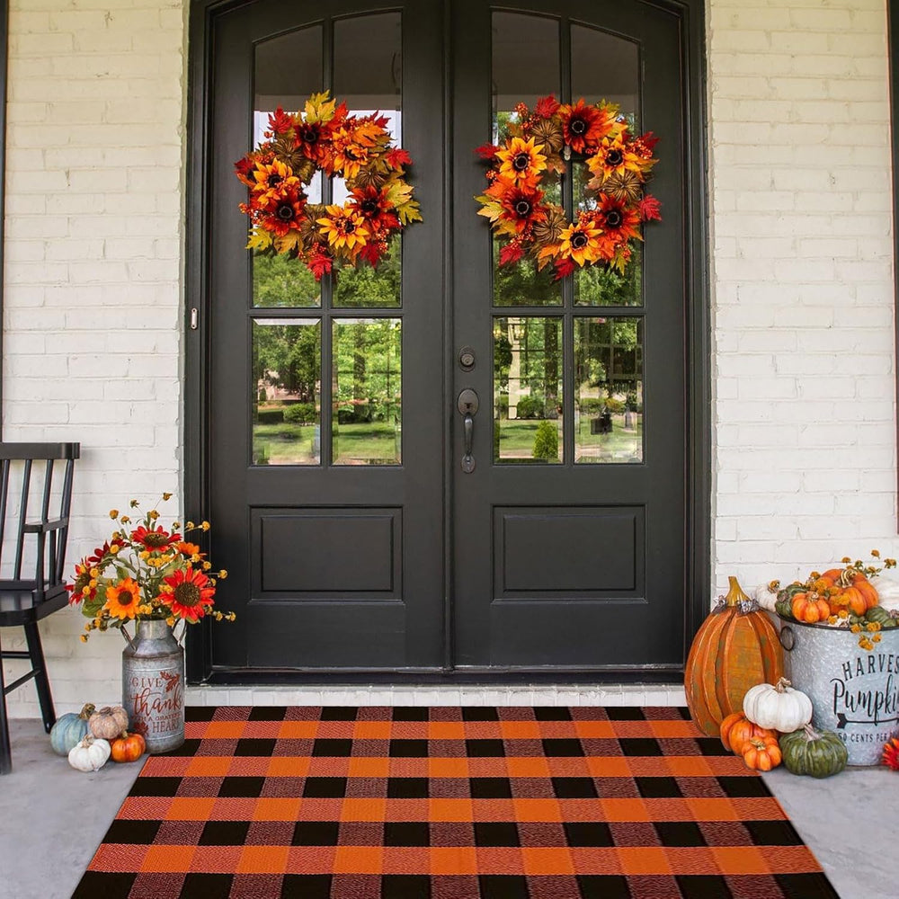 Fall Outdoor Rug Orange Buffalo Plaid Outdoor Rug Cotton Hand-Woven Buffalo C...