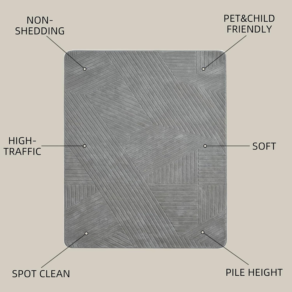 Grey 8x10 Modern Geometric Area Rug, Washable Living Room Rug