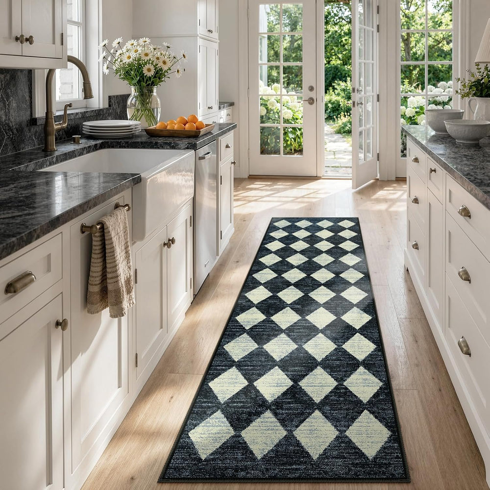 Checkered Kitchen Runner Rug 2x6 Black, Non Slip Washable Hallway Bathroom