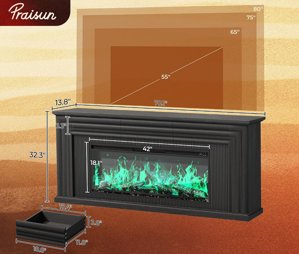 PRAISUN 70'' Fireplace TV Stand with 42'' Electric Fireplace,...