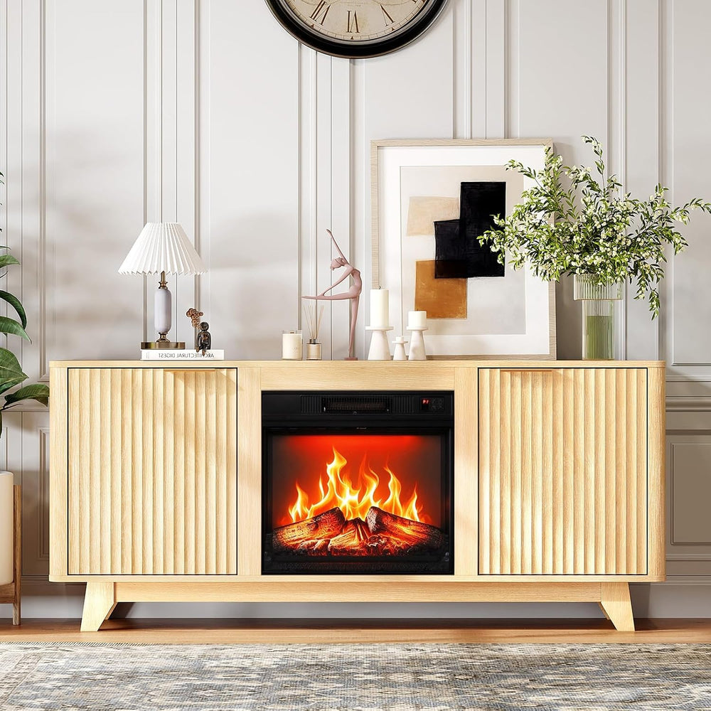 Bonnlo Fluted Fireplace TV Stand for TVs up to 70“, 58” TV Console, Oak