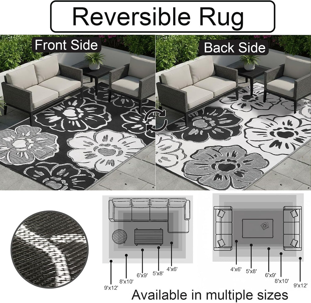 8'x10' Black and White Floral Outdoor Rug, Waterproof Double-Sided