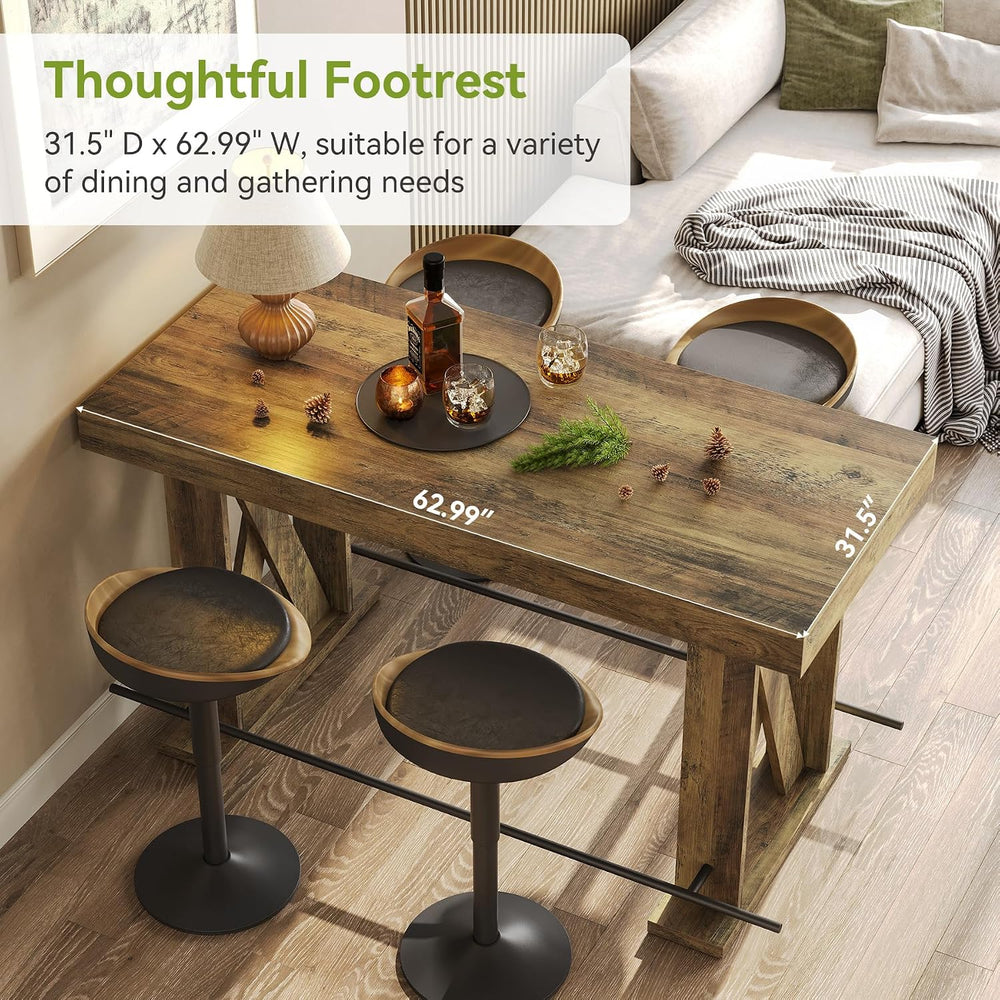 LITTLE TREE 63" Bar Table, Pub Table with Metal Footrest (Rustic Brown,2)