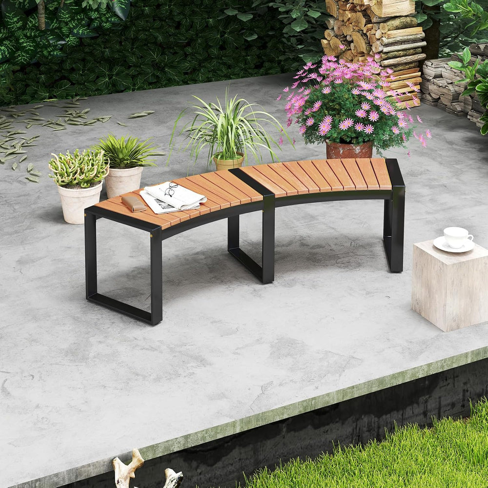 Tangkula Patio Curved Bench, Acacia Wood Fire Pit Bench w/Slatted Seat & ...