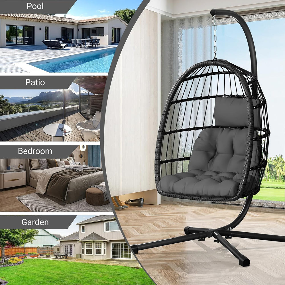 CHABATREE Egg Chair with Stand,Patio Rattan Wicker Hanging Swing Egg Chair Ha...