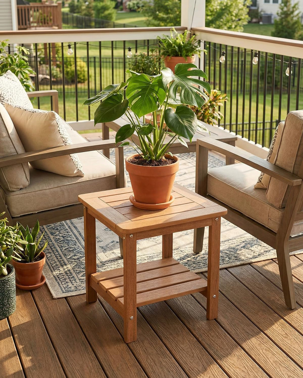Outdoor Side Table, 2-Tier HDPE Small Patio Table, Teak
